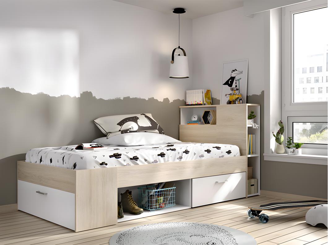 Letto con testata, vani portaoggetti e cassetto 90 x 190 cm Bianco e Naturale - LEANDRE
