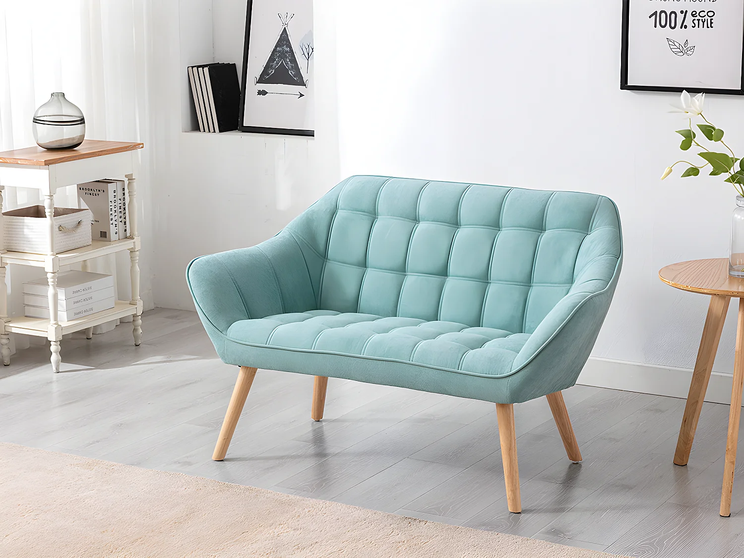 Divano 2 posti e poltrona in Tessuto Verde acqua - CASERTA