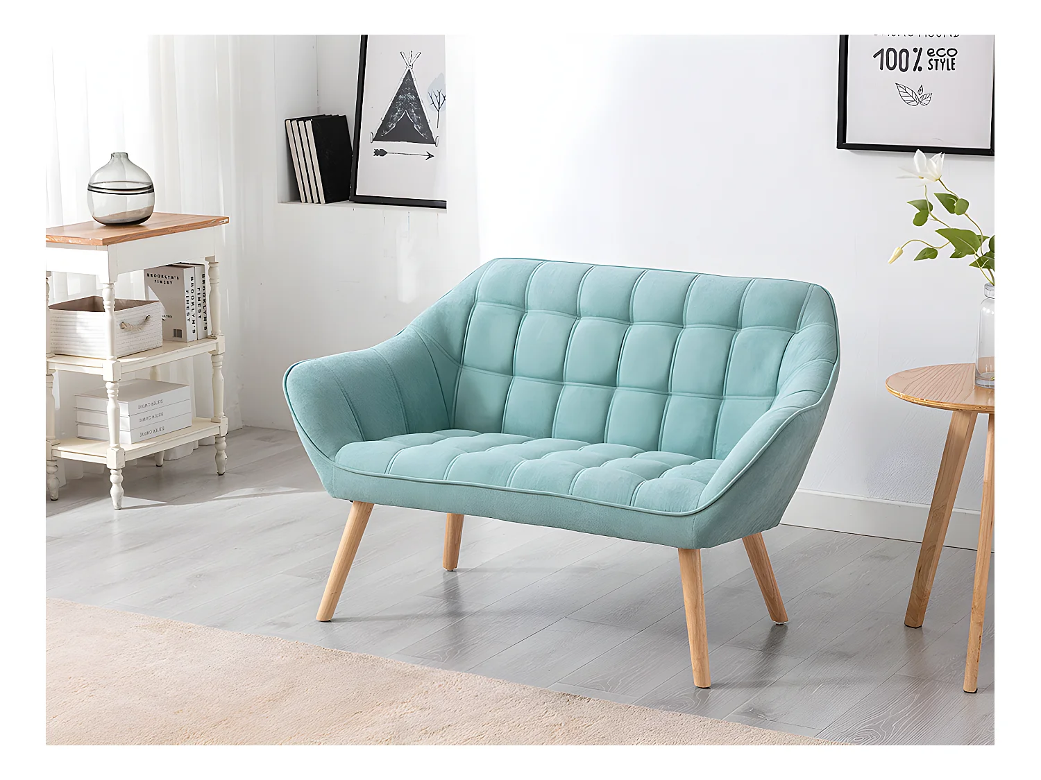 Canapé 2 places et fauteuil en tissu vert d'eau CASERTA