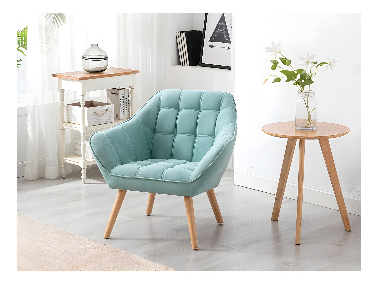 Canapé 2 places et fauteuil en tissu vert d'eau CASERTA