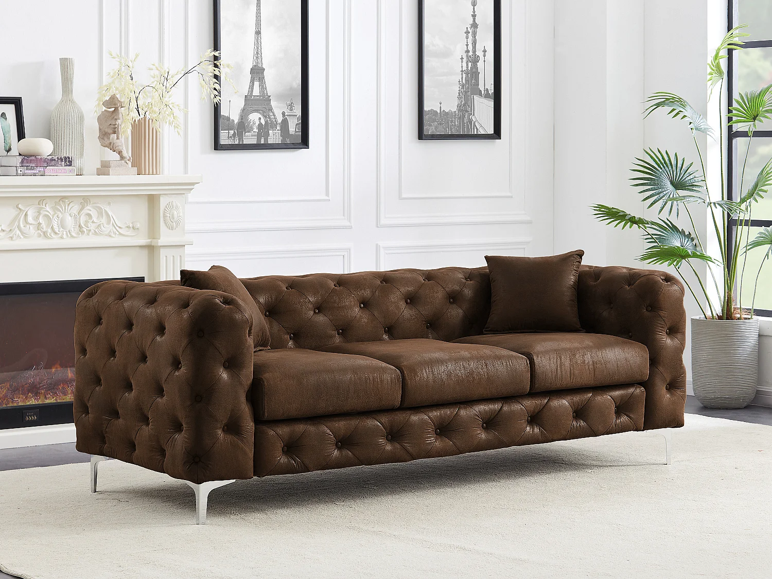 Canapé 3 places chesterfield en microfibre aspect cuir vieilli EDWINA