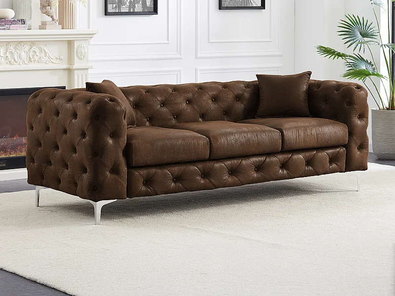 Kanapa 3-osobowa chesterfield z mikrofibry o wyglądzie postarzanej skóry EDWINA