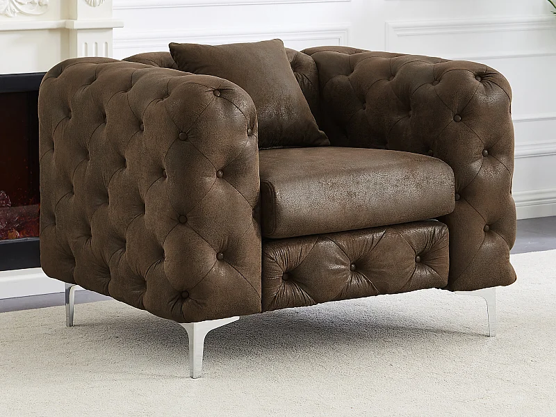 Fauteuil chesterfield en microfibre aspect cuir vieilli EDWINA
