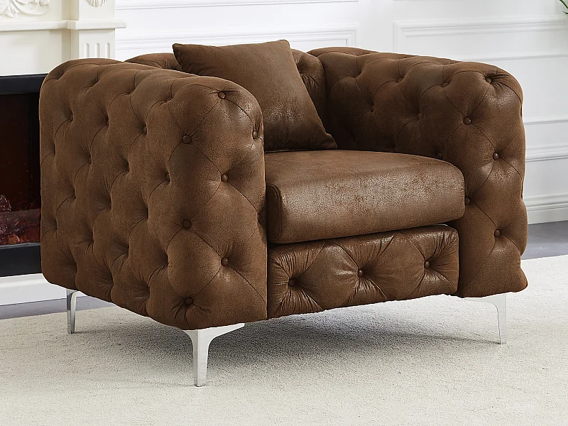 Fauteuil chesterfield en microfibre aspect cuir vieilli EDWINA