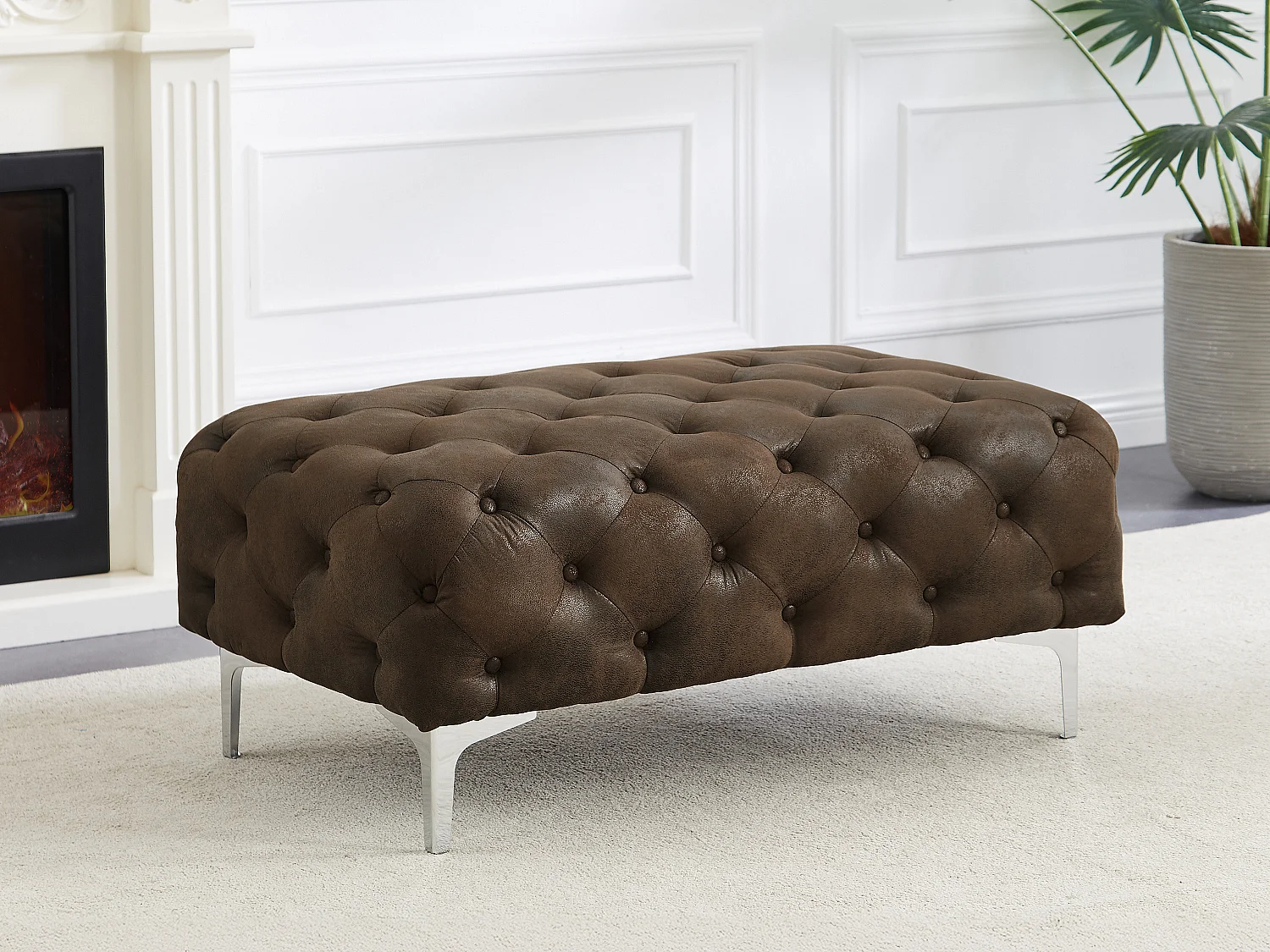 Pouf chesterfield en microfibre aspect cuir vieilli EDWINA