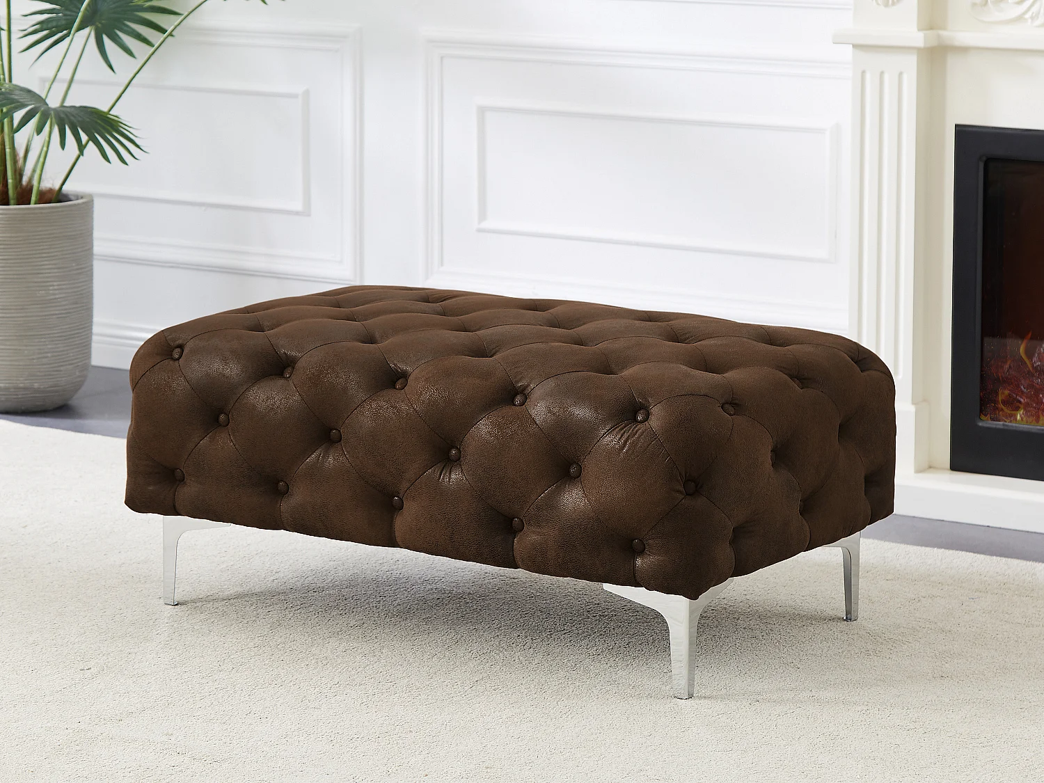 Pouf chesterfield en microfibre aspect cuir vieilli EDWINA