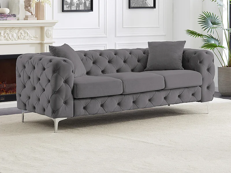 Driezits-Chesterfield-bank van antracietgrijs velours EDWINA