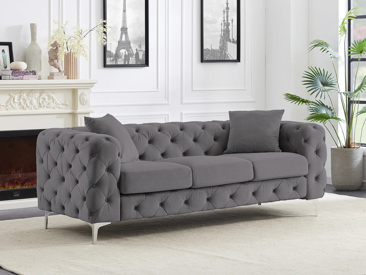 Canapé 3 places chesterfield en velours anthracite EDWINA