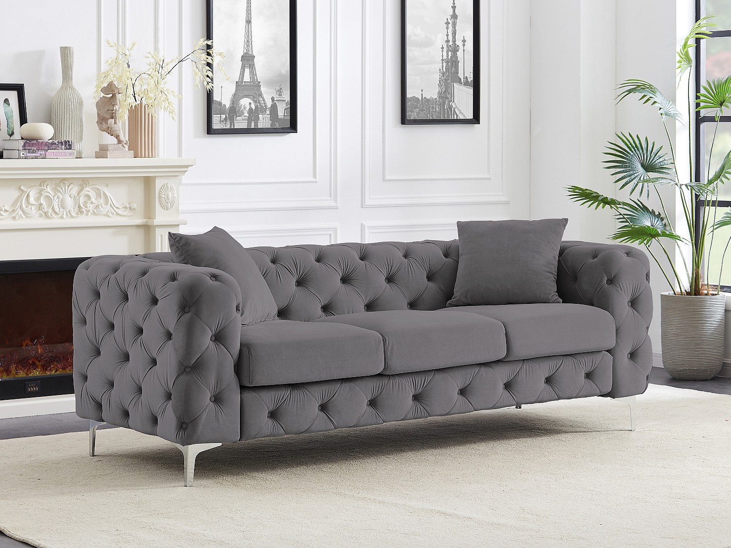 Chesterfield-Sofa 3-Sitzer - Anthrazit - Samt - EDWINA günstig online kaufen