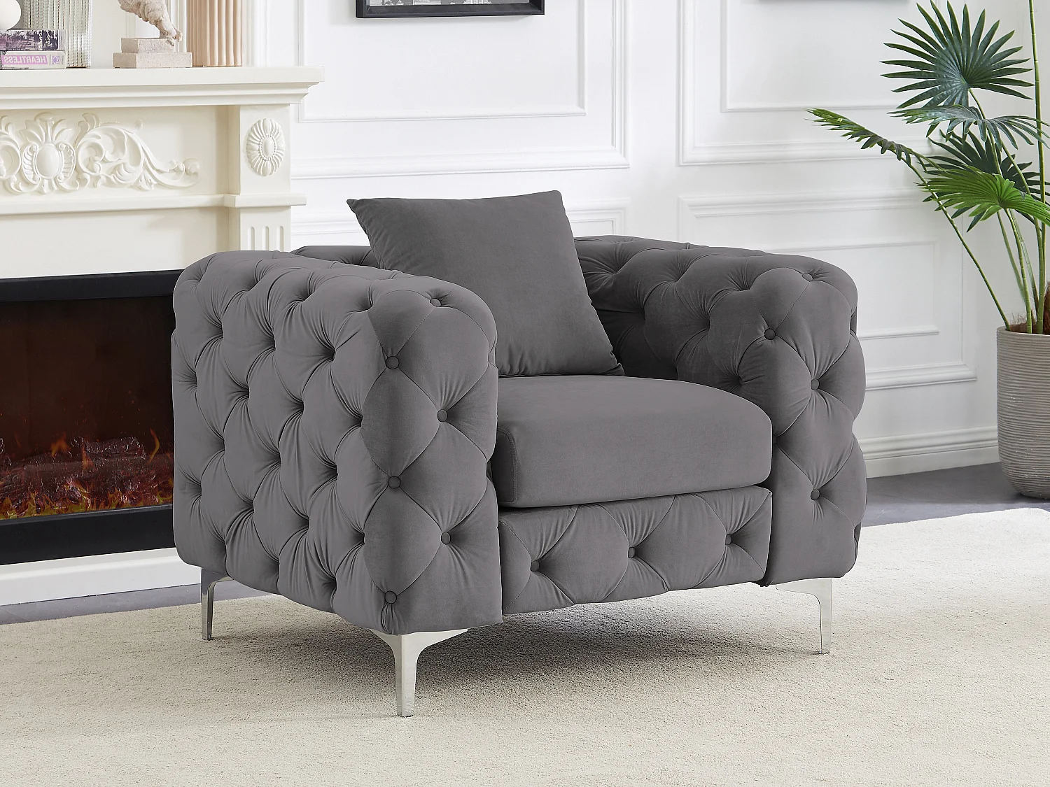 Fauteuil chesterfield en velours anthracite EDWINA