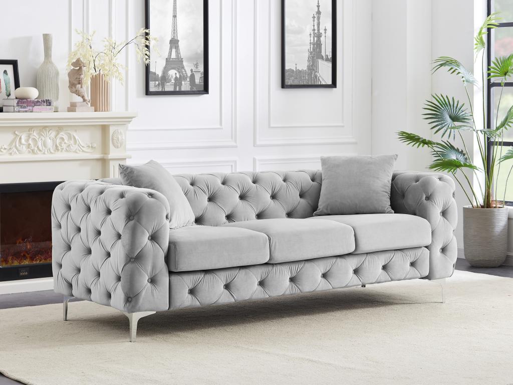 Chesterfield-Sofa 3-Sitzer - Hellgrau - Samt - EDWINA günstig online kaufen