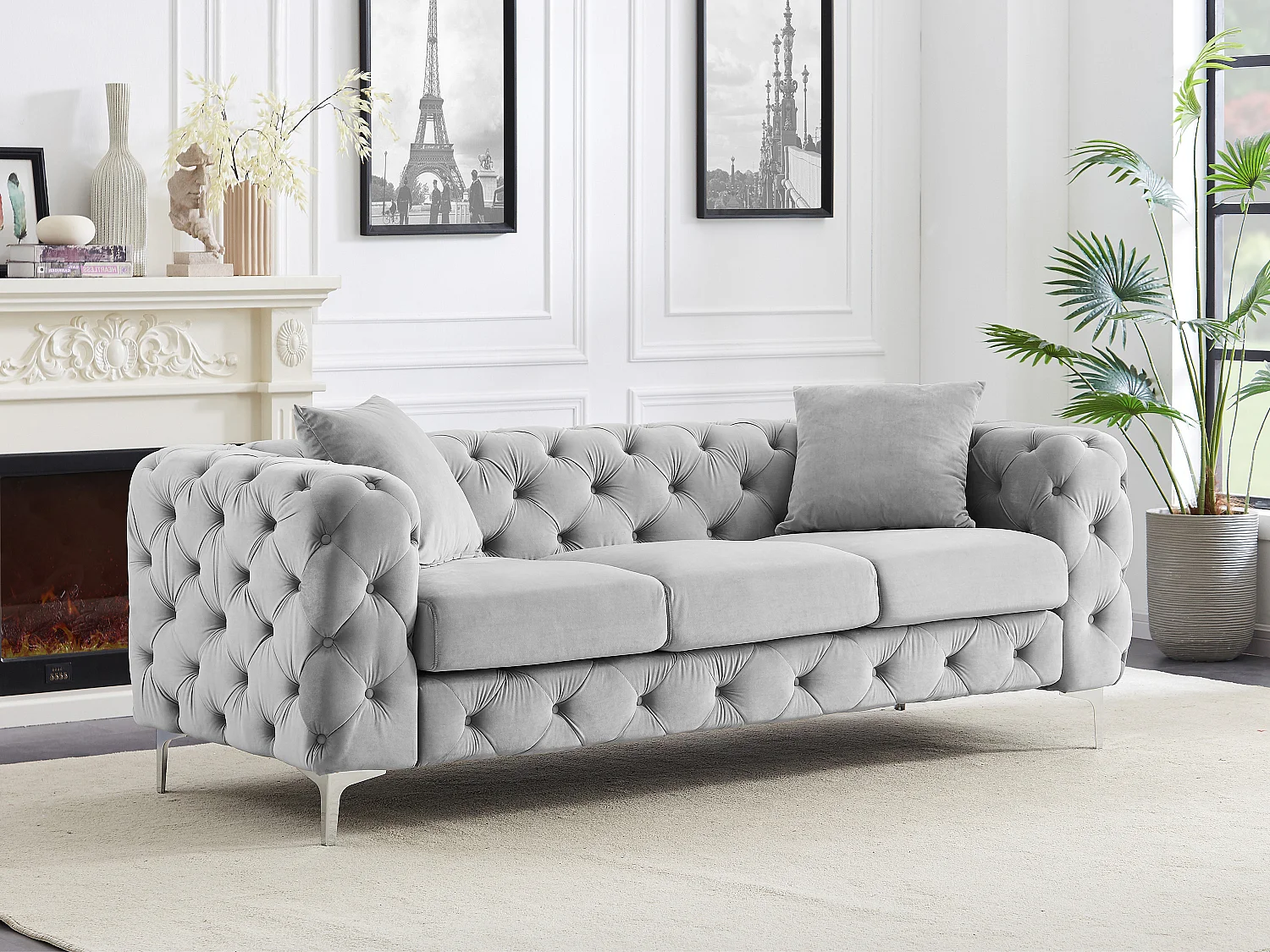Chesterfield-Sofa 3-Sitzer - Hellgrau - Samt - EDWINA