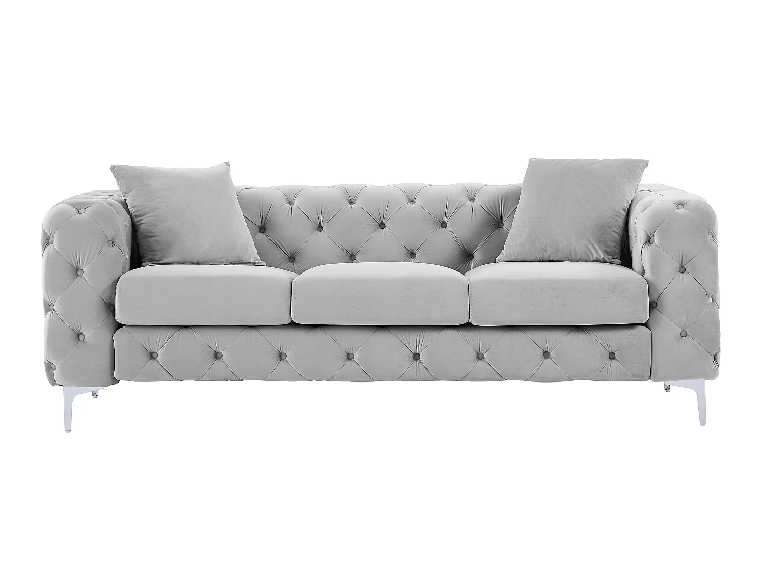 Driezits-Chesterfield-bank van lichtgrijs velours EDWINA