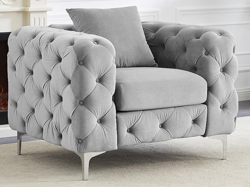 Fauteuil chesterfield en velours gris clair EDWINA