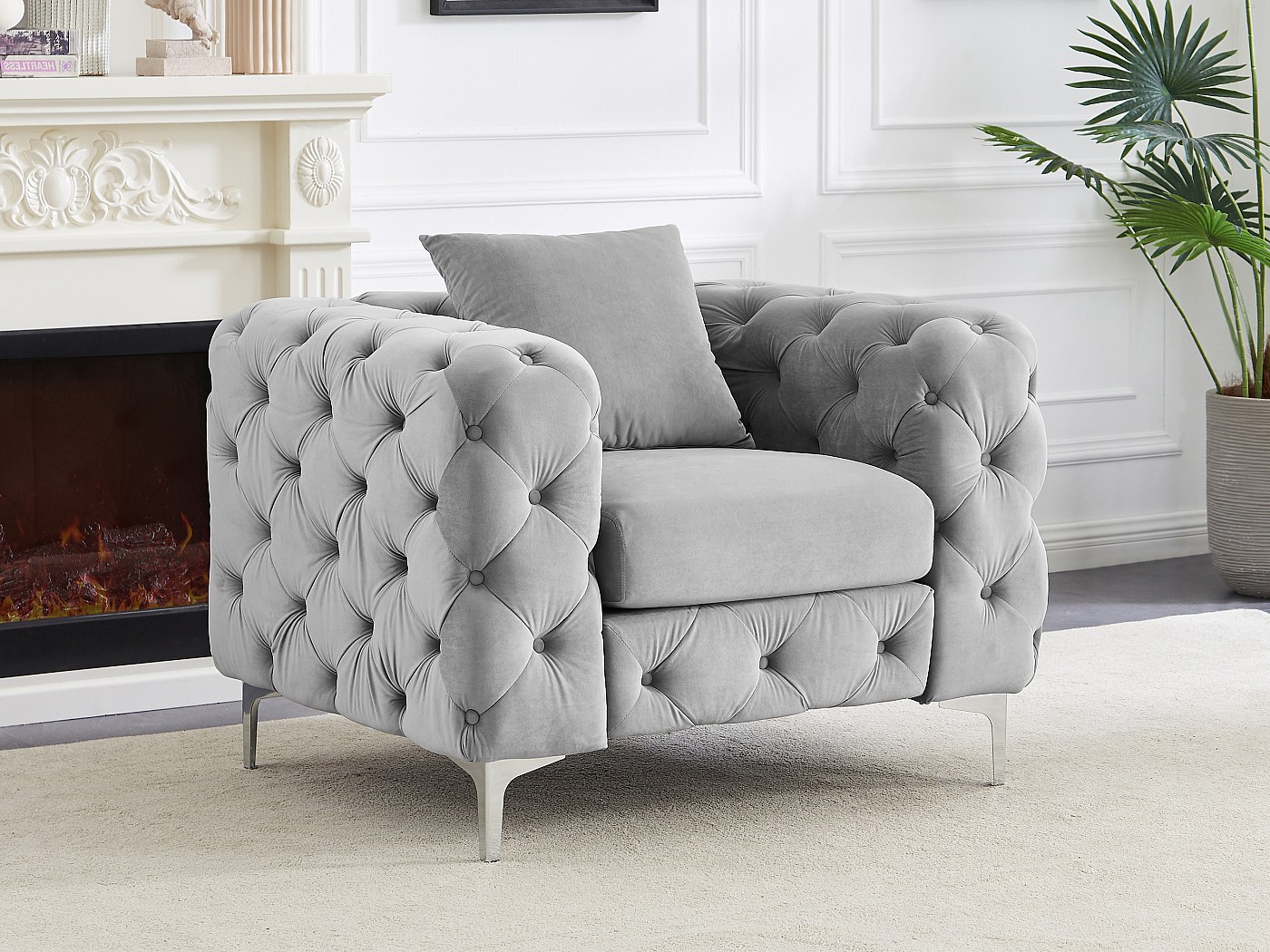 Vente-unique Chesterfield Sofa 3-Sitzer & Sessel Edwina – Hellgrauer Samt, Metallfüße, Klassisches Design