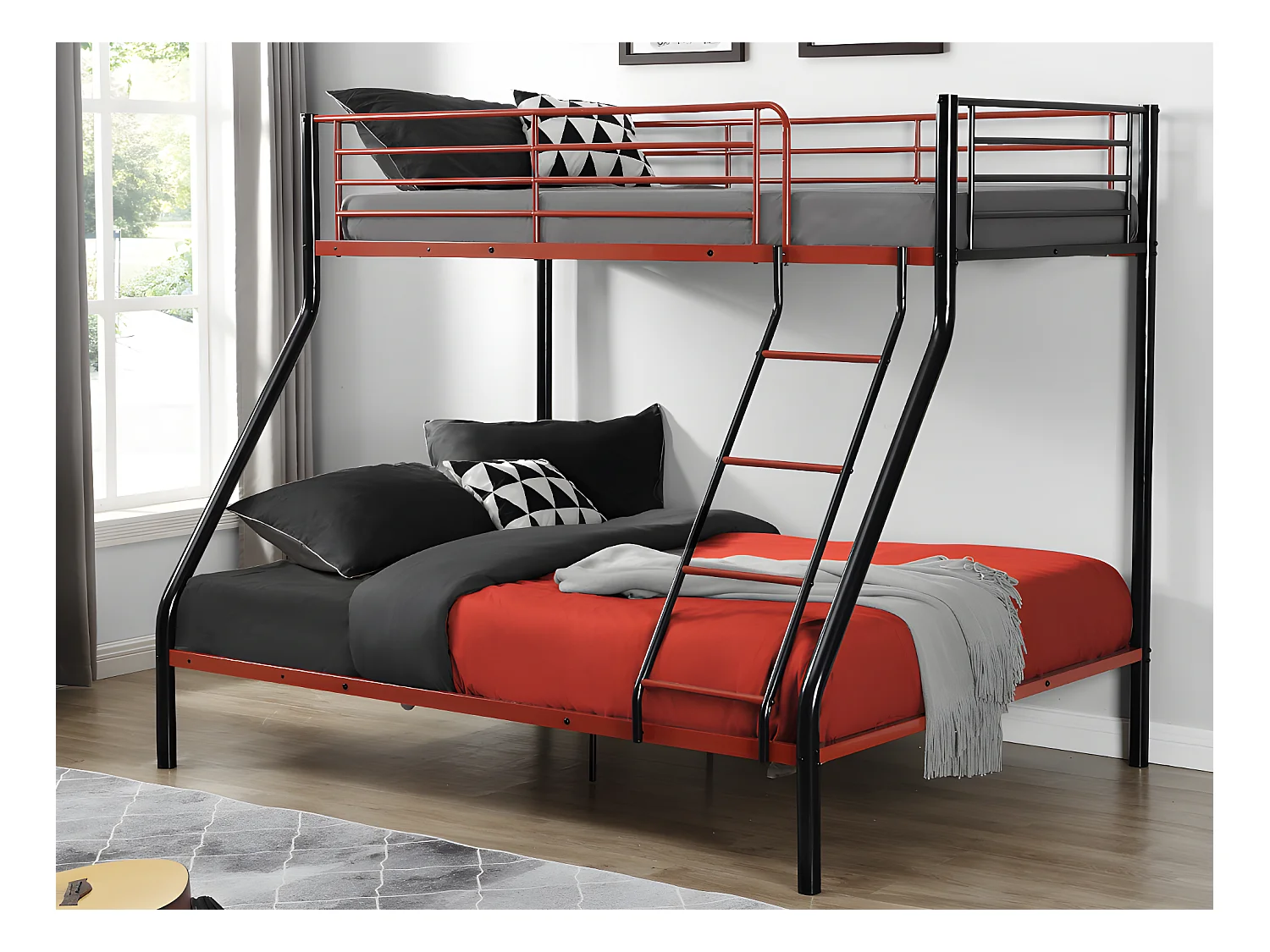 Etagenbett - 90 & 140 x 190 cm - Stahl - Schwarz & Rot + Matratze - ELEVATIO IV