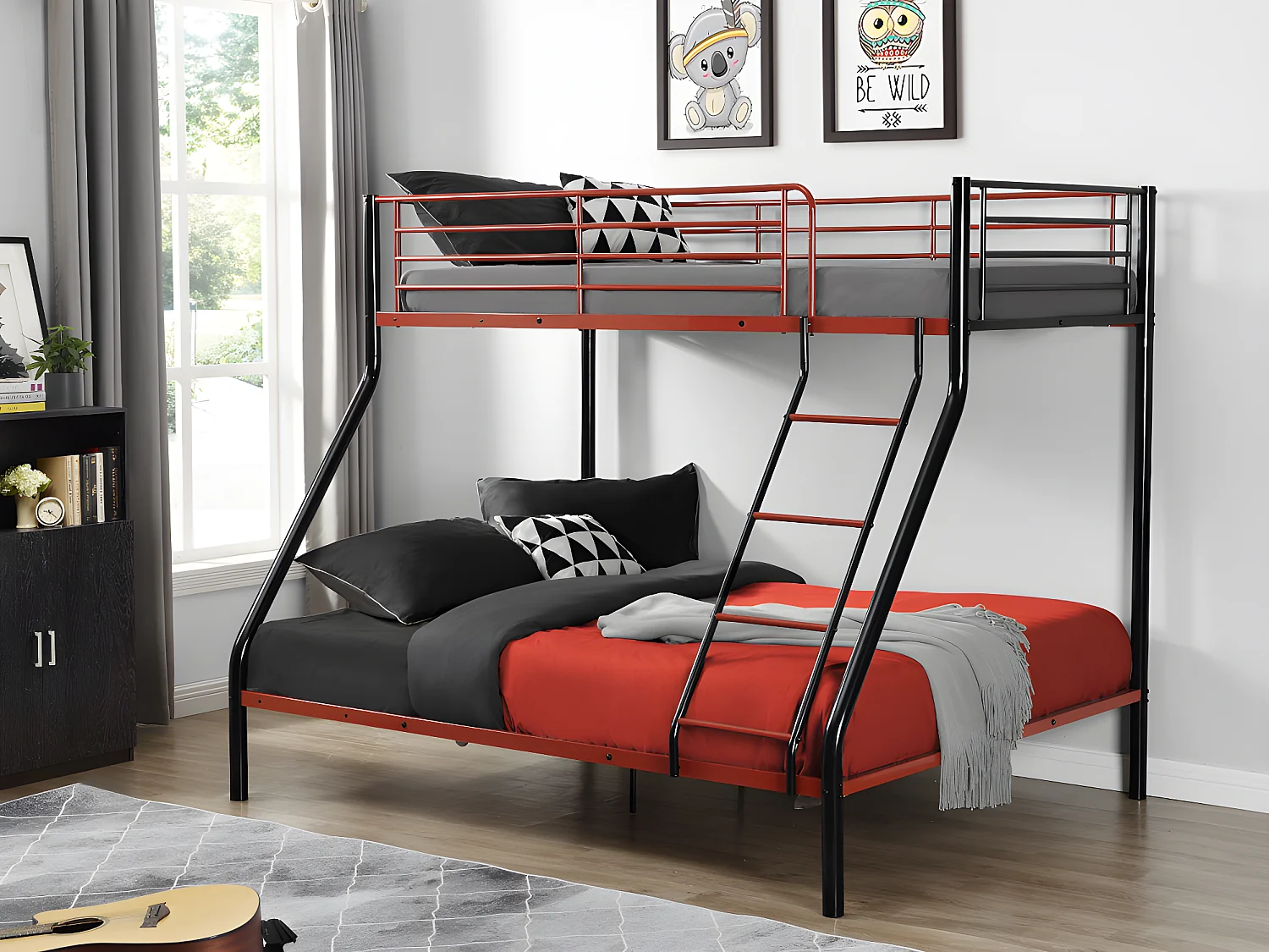 Lits superposés ELEVATIO IV - 90 et 140 x 190 cm - Acier - Noir et rouge + matelas
