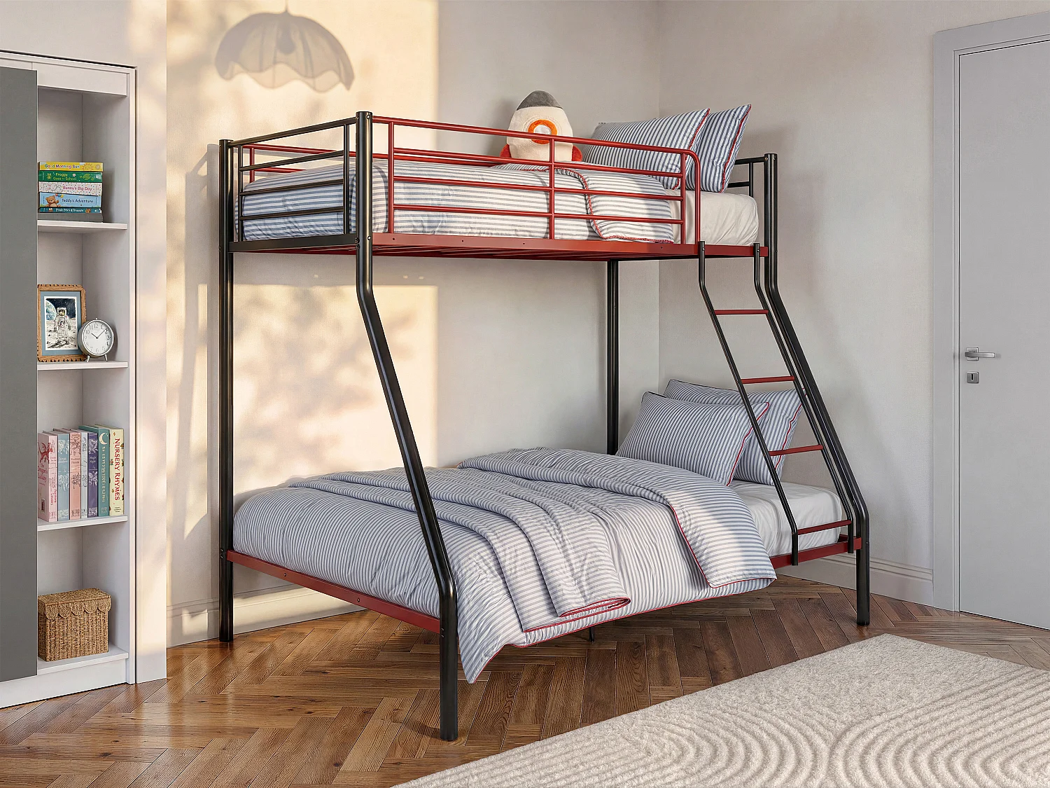 Łóżko piętrowe ELEVATIO IV - 90 i 140 × 190 cm - Stal - Czarny i czerwony + materace