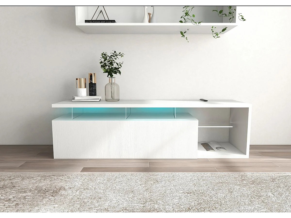 Meuble TV LED laqué "Penny" - 150 x 41 x 38 cm - Blanc