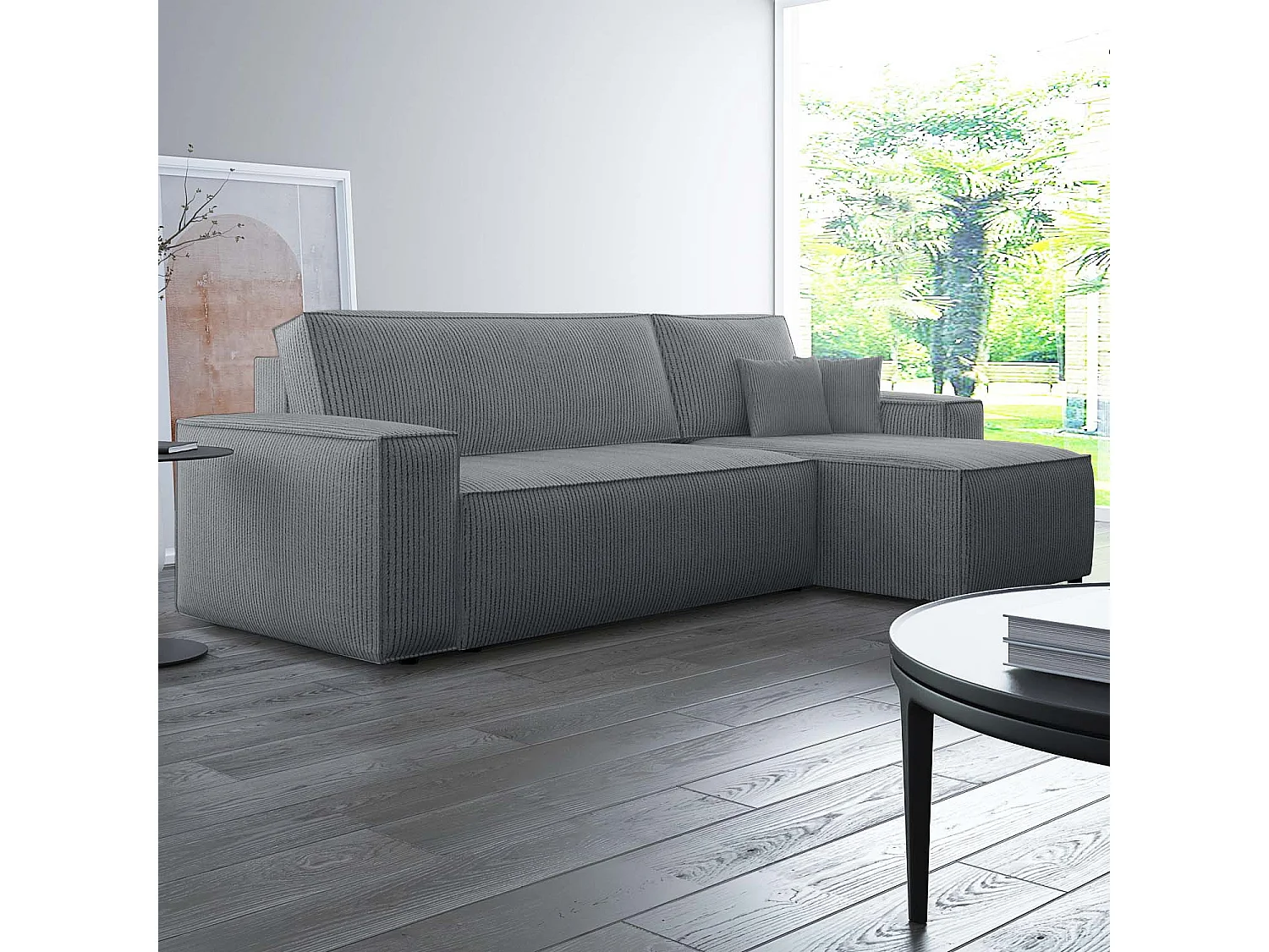 Canapé d'angle convertible 4 places en velours côtelé gris anthracite foncé LORENZO