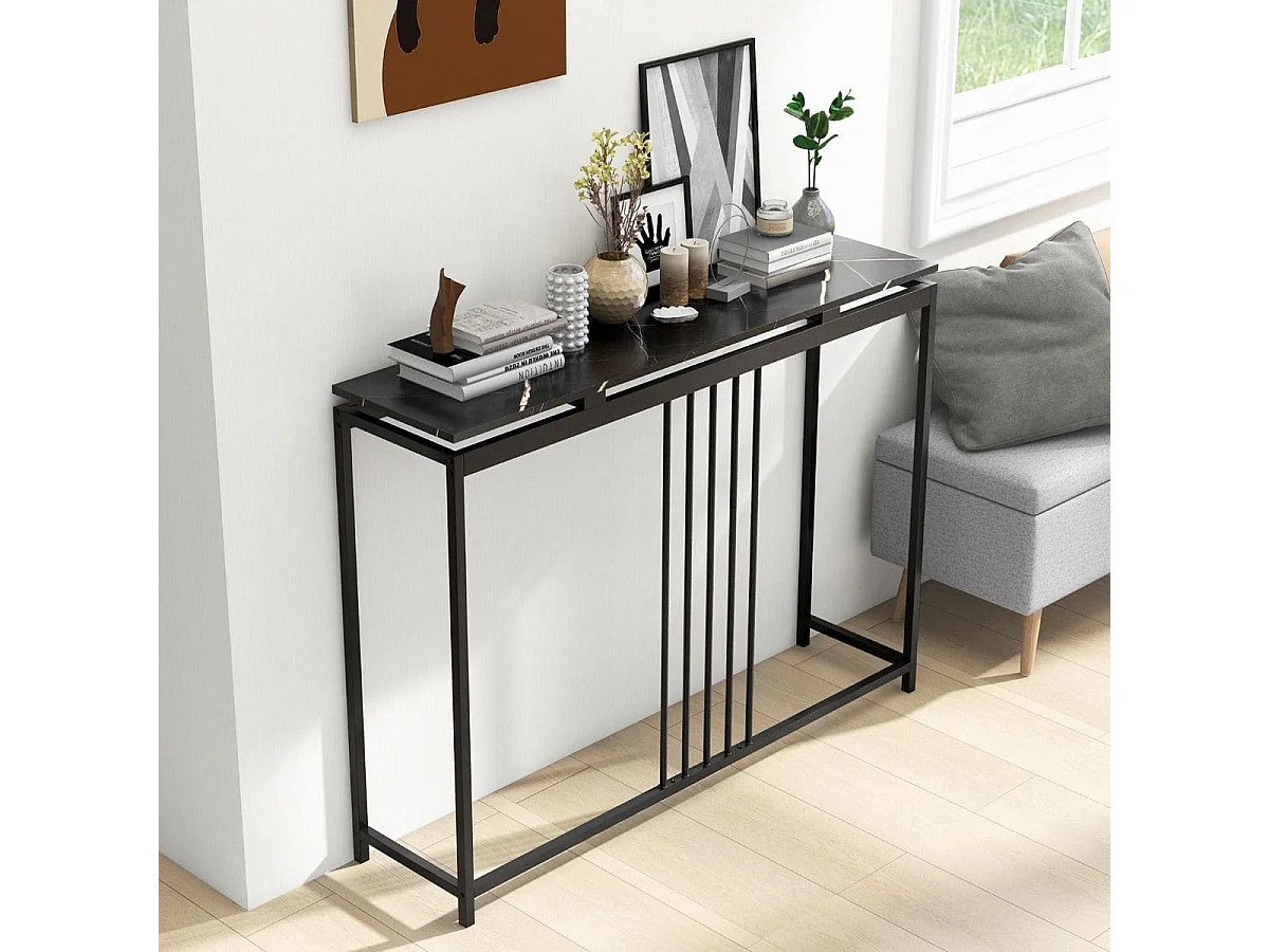 Table Console Effect Marbre 120 x 30 x 90 CM (L x l x H) Cadre en Acier Table d'Entrée Style Moderne Simple Noir