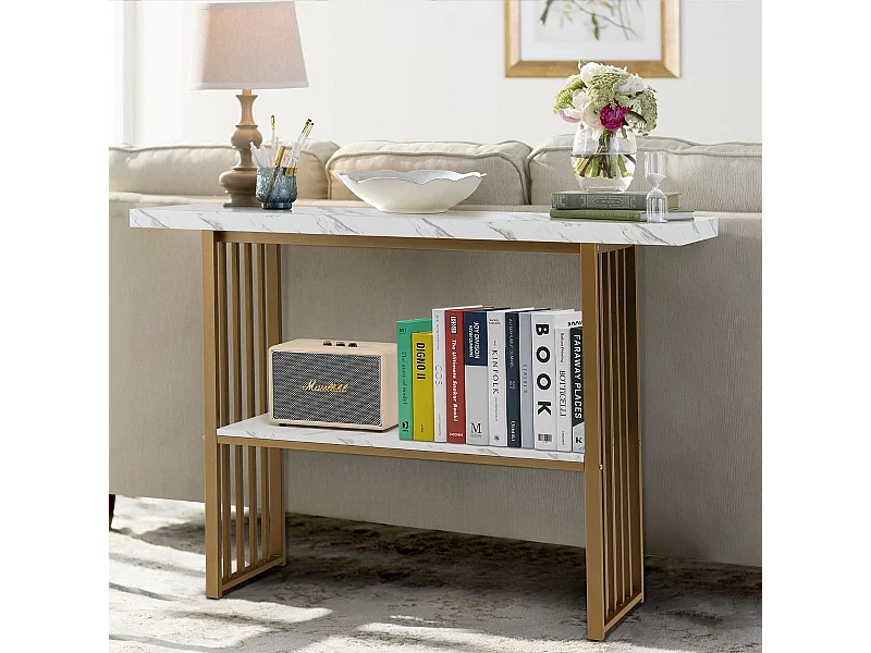 2 Ebenen Konsolentisch mit Marmoroptik 120 x 29,5 x 92,5 cm Weiß & Golden