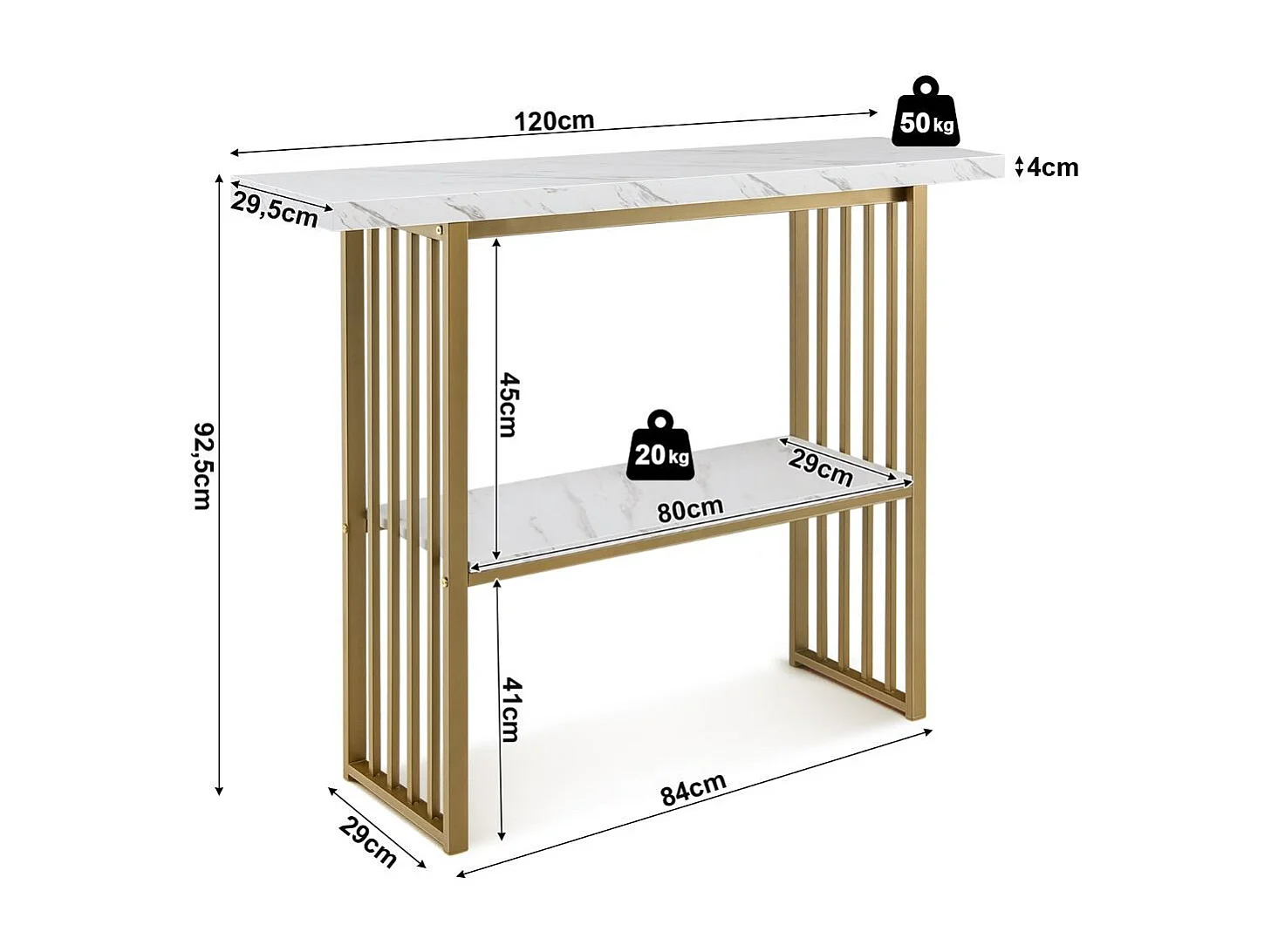 2 Ebenen Konsolentisch mit Marmoroptik 120 x 29,5 x 92,5 cm Weiß & Golden