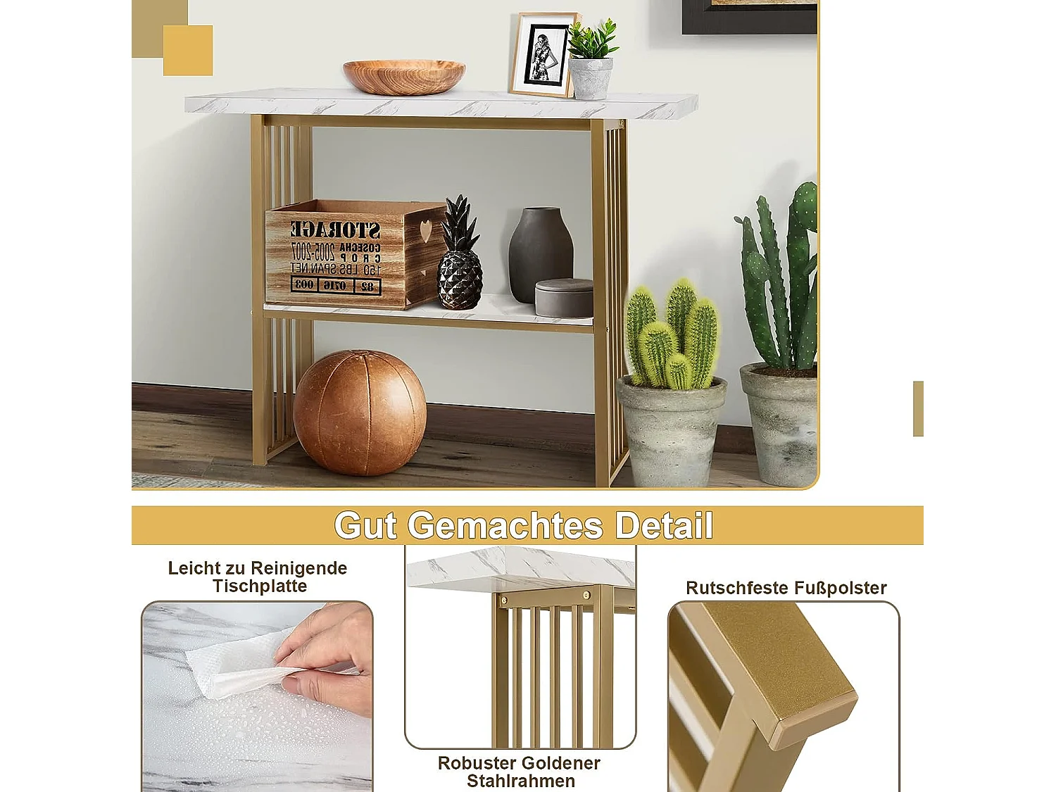 2 Ebenen Konsolentisch mit Marmoroptik 120 x 29,5 x 92,5 cm Weiß & Golden