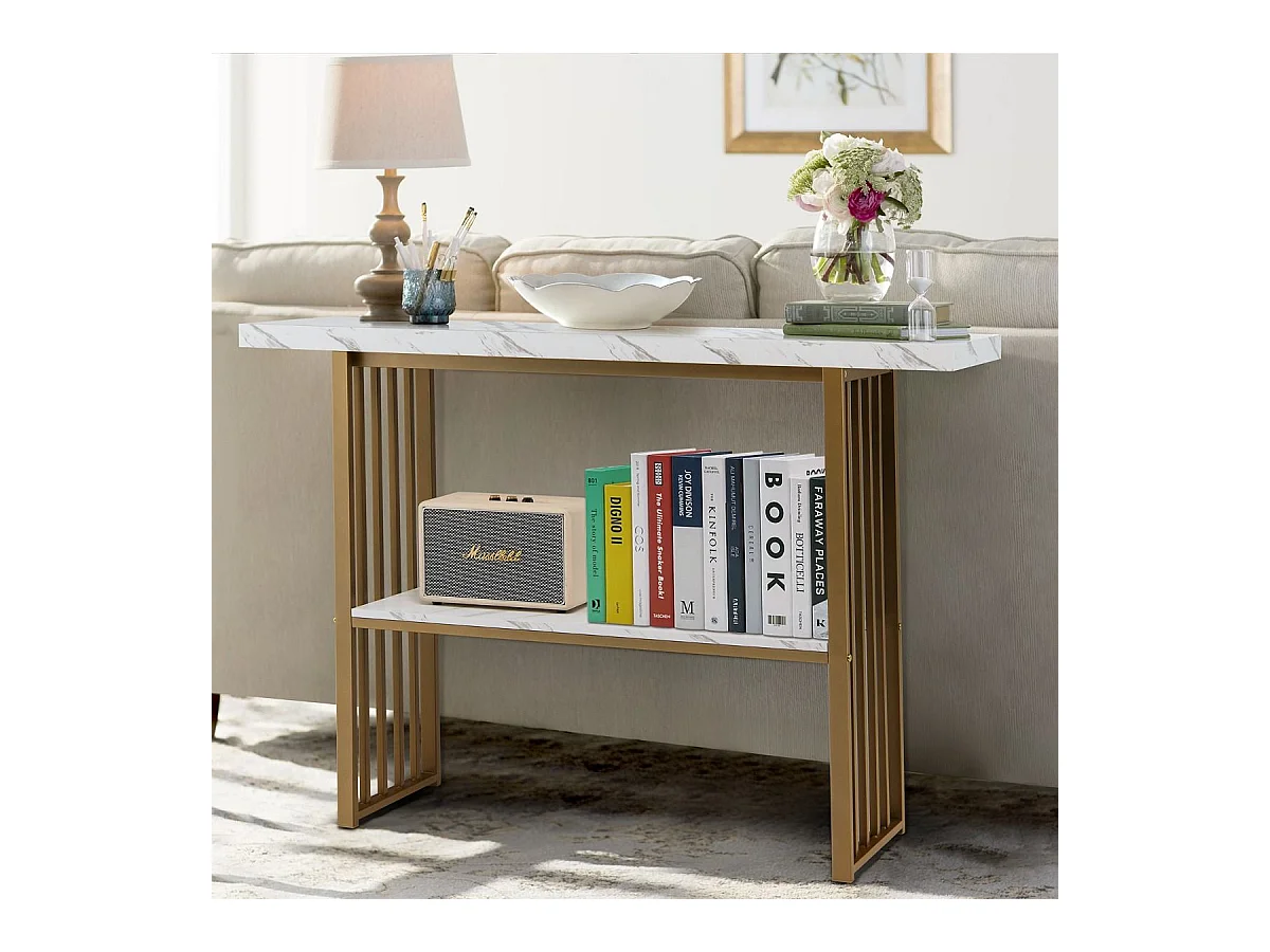 Consolle a 2 livelli con effetto marmo 120 x 29,5 x 92,5 cm Bianco e oro