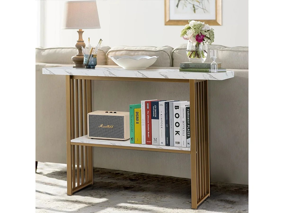 Table Console Effet Marbre 2 Niveaux 120 x 29,5 x 92,5 cm (L x l x H) Cadre en Métal Doré Style Scandinave