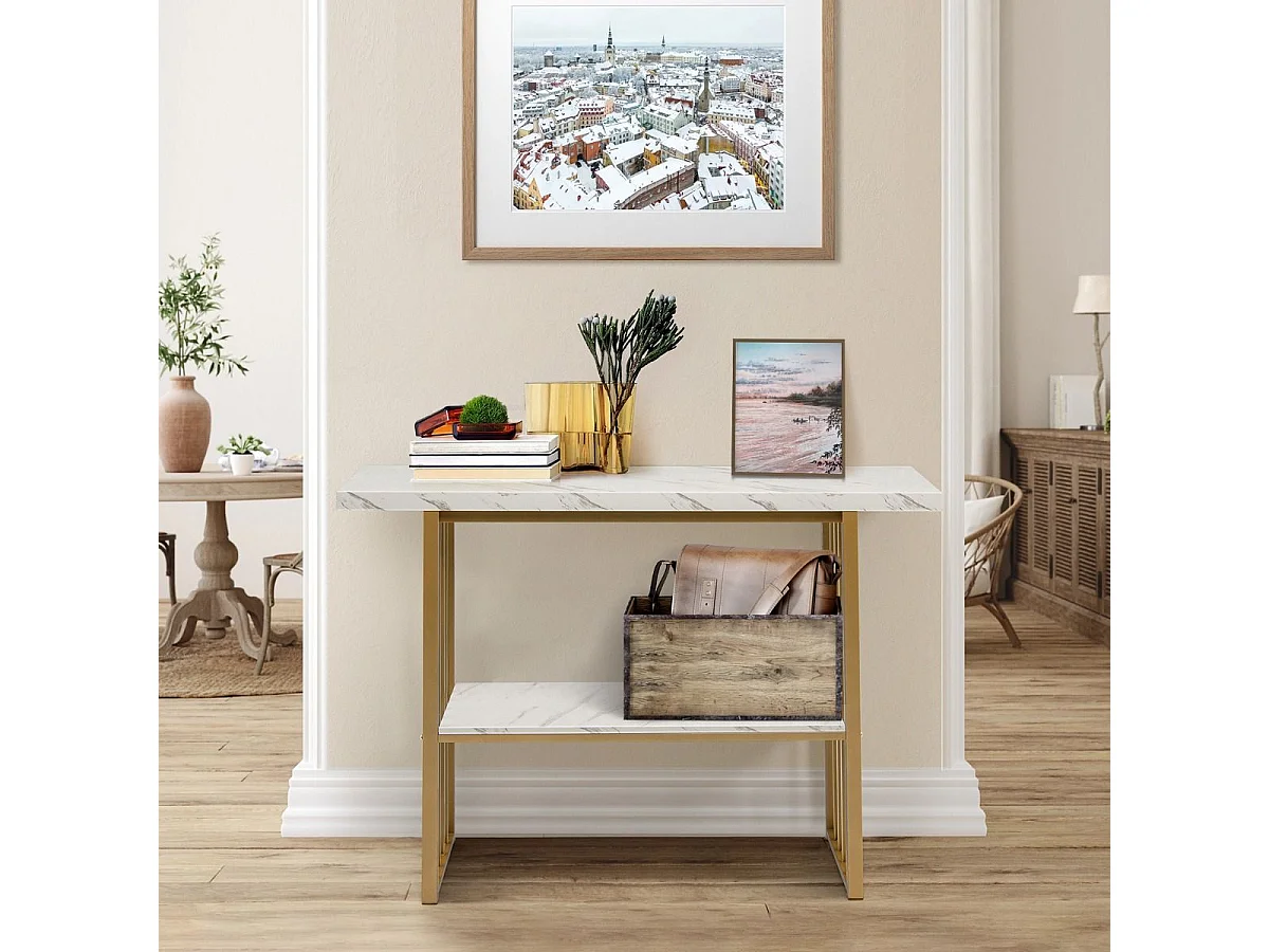 Table Console Effet Marbre 2 Niveaux 120 x 29,5 x 92,5 cm (L x l x H) Cadre en Métal Doré Style Scandinave