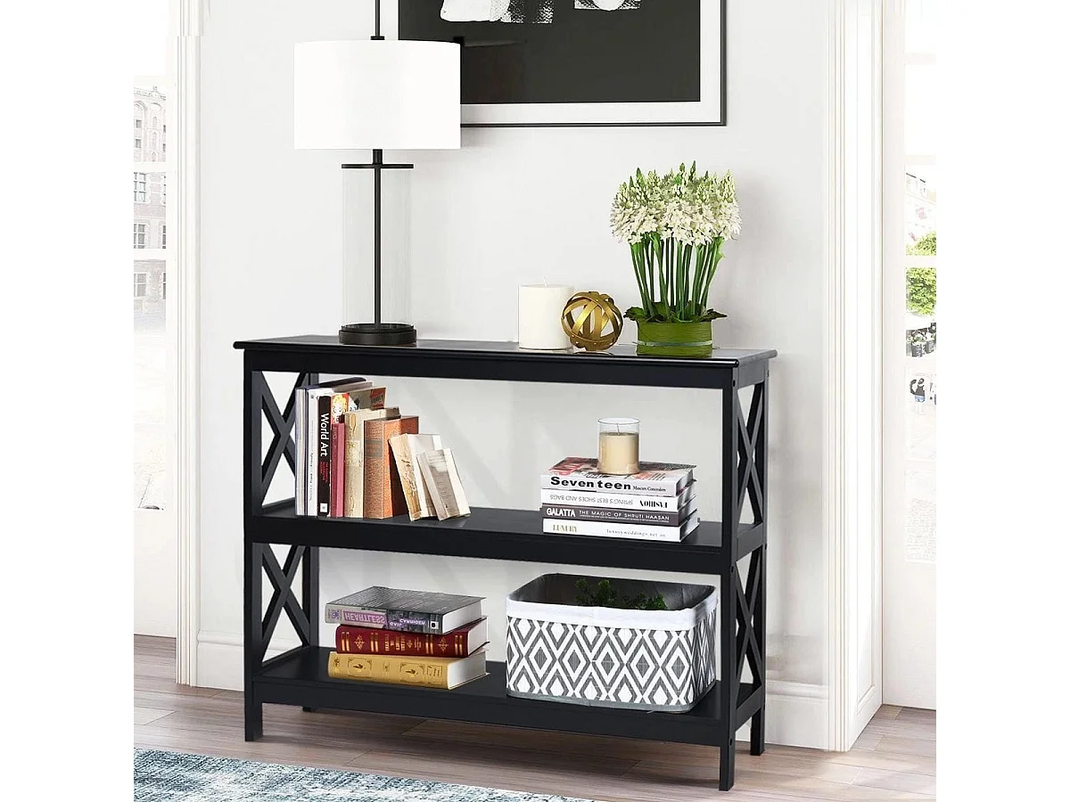 Tavolo da parete industriale a 3 livelli, Tavolino di servizio rustico con mensola, Nero