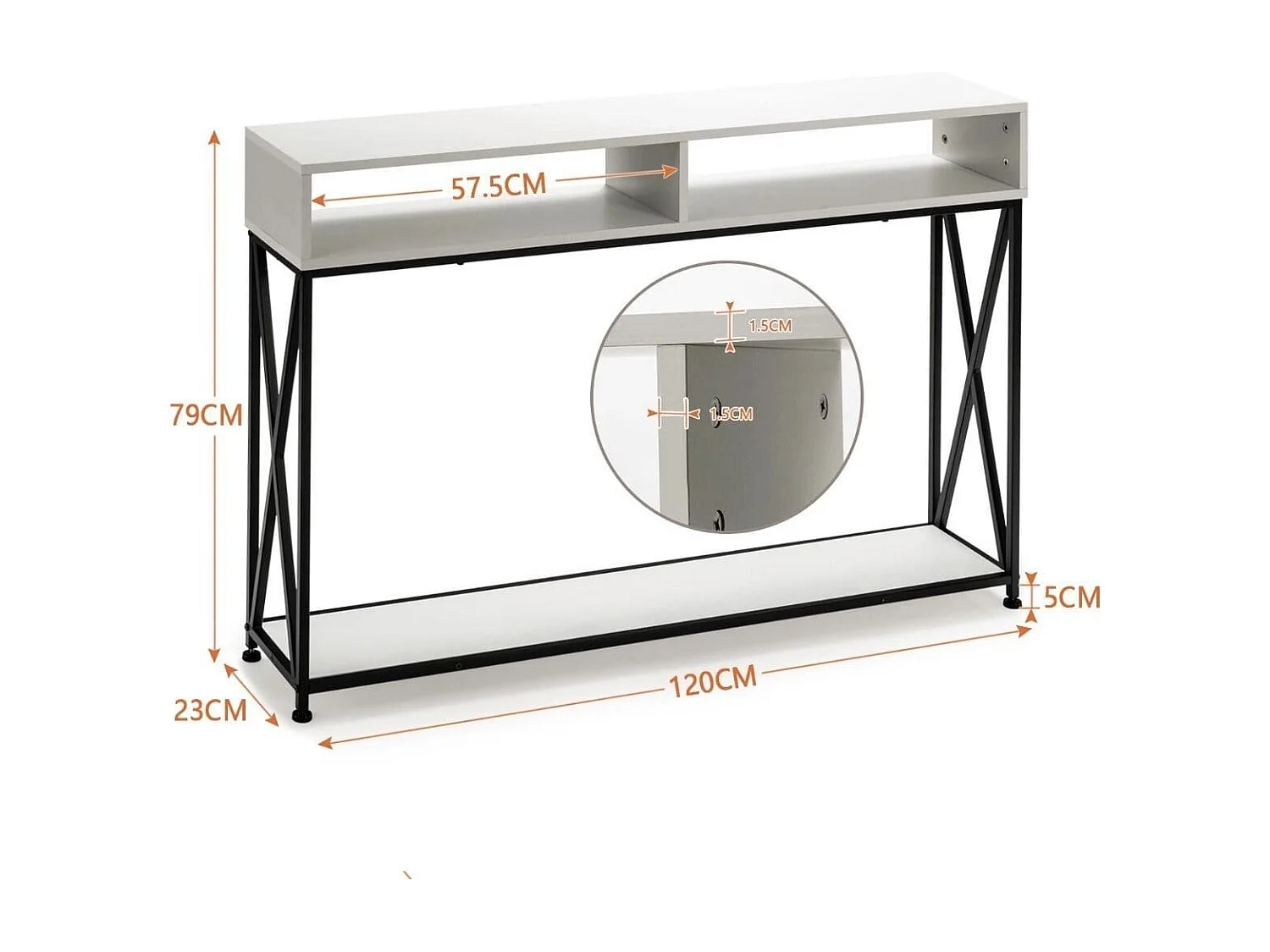Table Console de Style Industriel 120 x 23 x 79 CM Structure en Acier Meuble d'Entrée Anti-Basculement Blanc