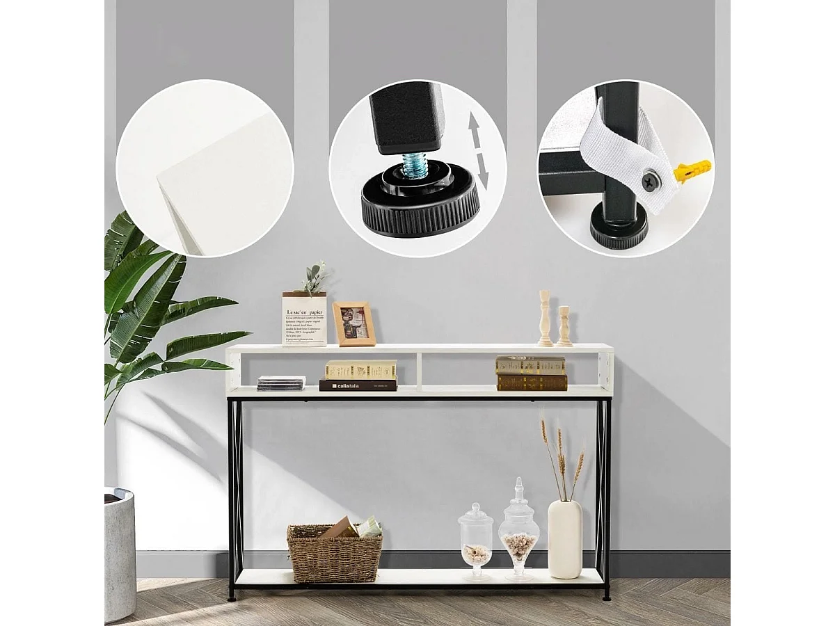 Table Console de Style Industriel 120 x 23 x 79 CM Structure en Acier Meuble d'Entrée Anti-Basculement Blanc