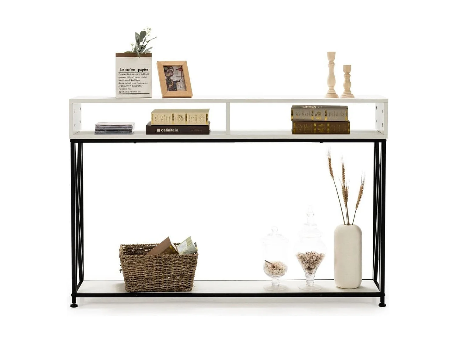 Table Console de Style Industriel 120 x 23 x 79 CM Structure en Acier Meuble d'Entrée Anti-Basculement Blanc