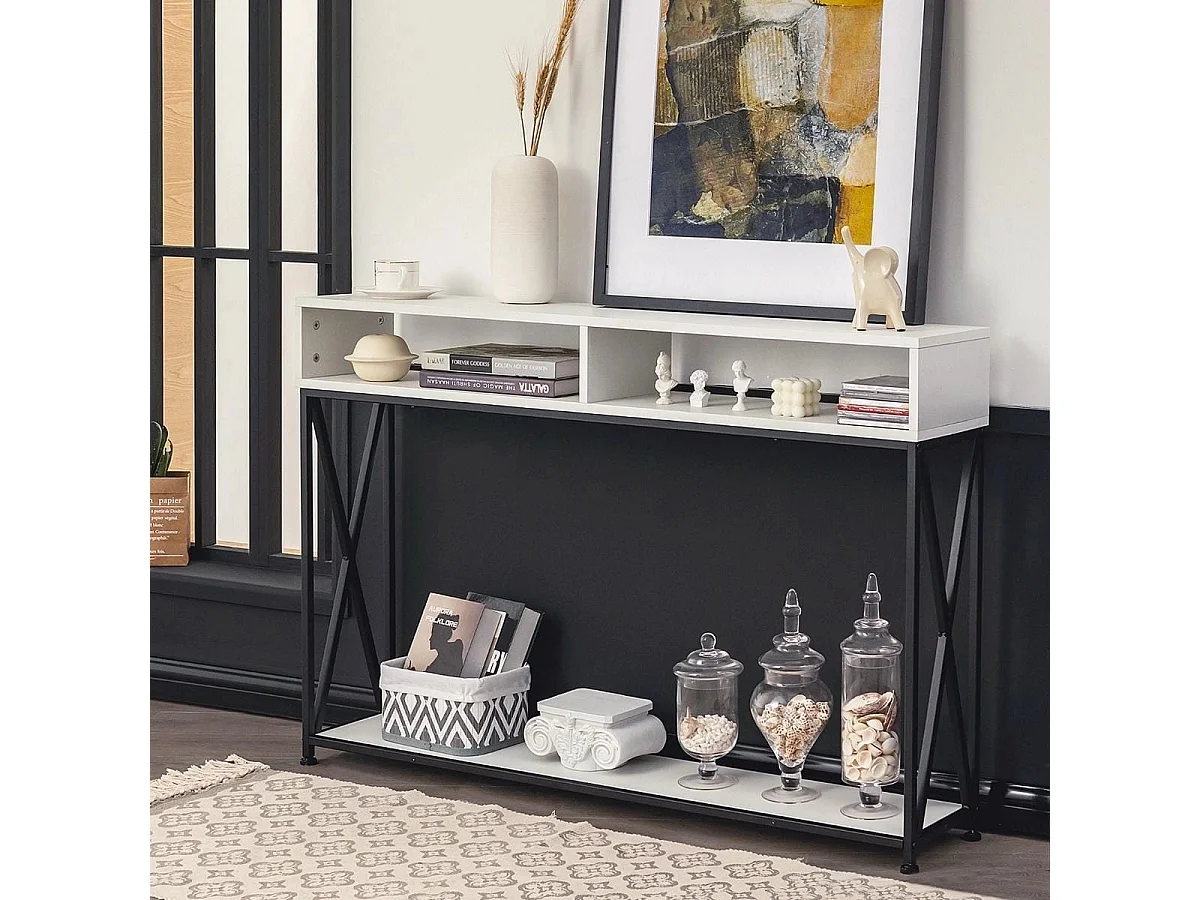 Table Console de Style Industriel 120 x 23 x 79 CM Structure en Acier Meuble d'Entrée Anti-Basculement Blanc