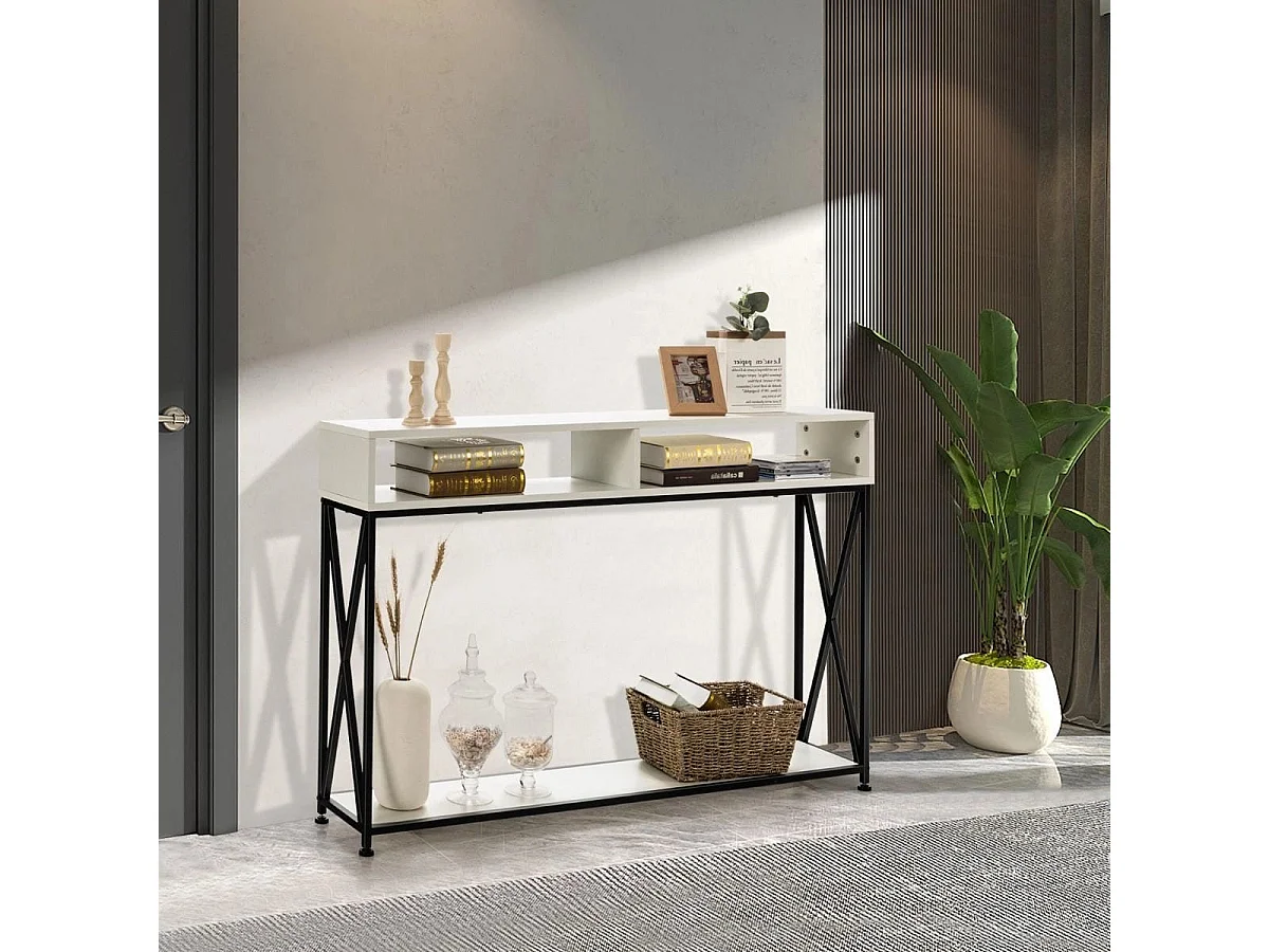 Table Console de Style Industriel 120 x 23 x 79 CM Structure en Acier Meuble d'Entrée Anti-Basculement Blanc