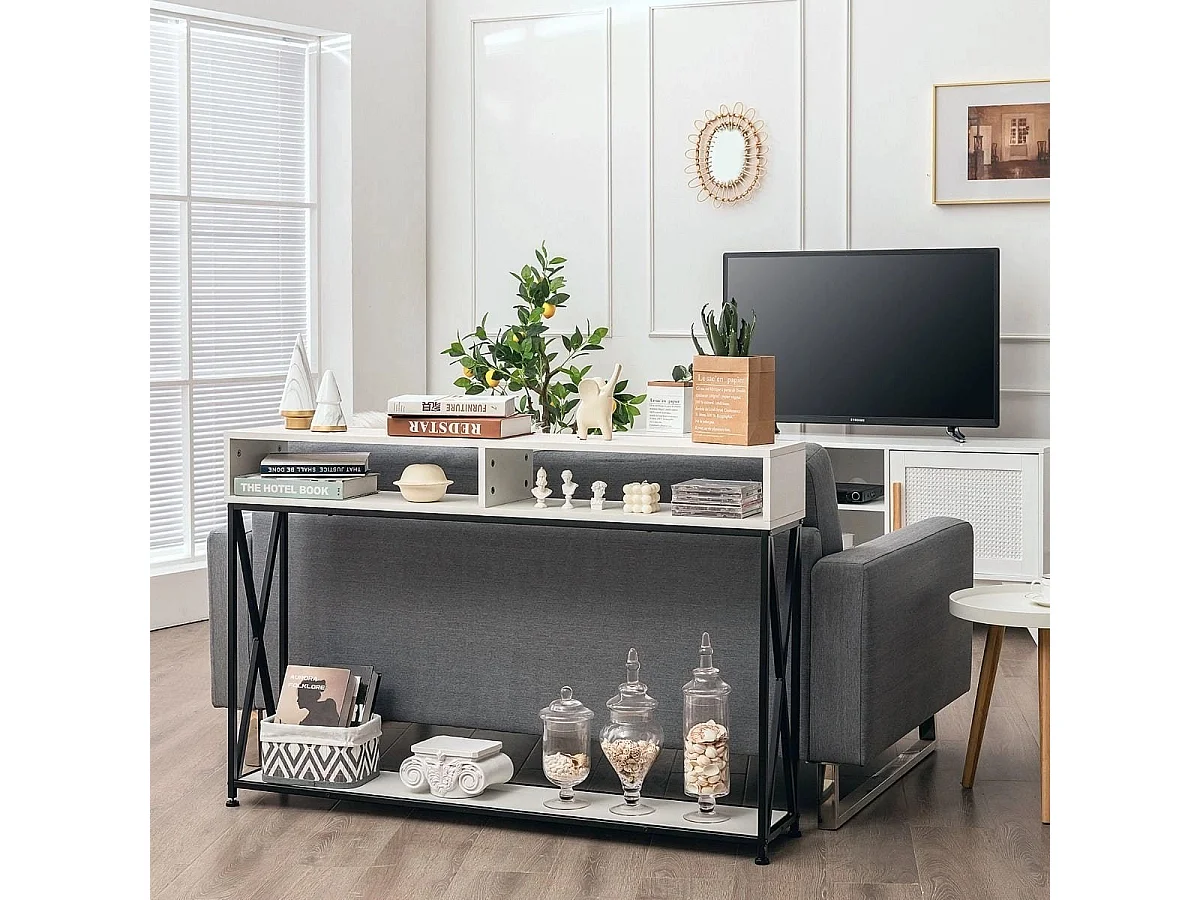 Table Console de Style Industriel 120 x 23 x 79 CM Structure en Acier Meuble d'Entrée Anti-Basculement Blanc