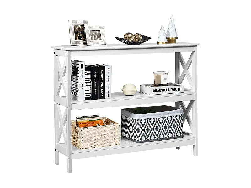 Tavolo da parete industriale a 3 livelli, Tavolino di servizio rustico con mensola, Bianco