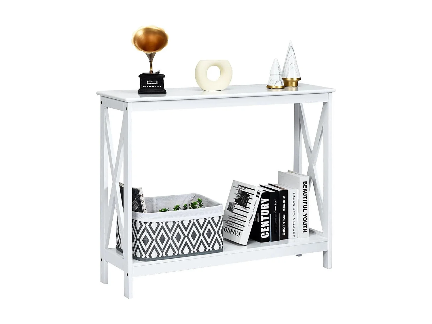 X-förmiger Schmaler Konsolentisch mit 2 Etagen 100 x 30 x 80 cm Weiß