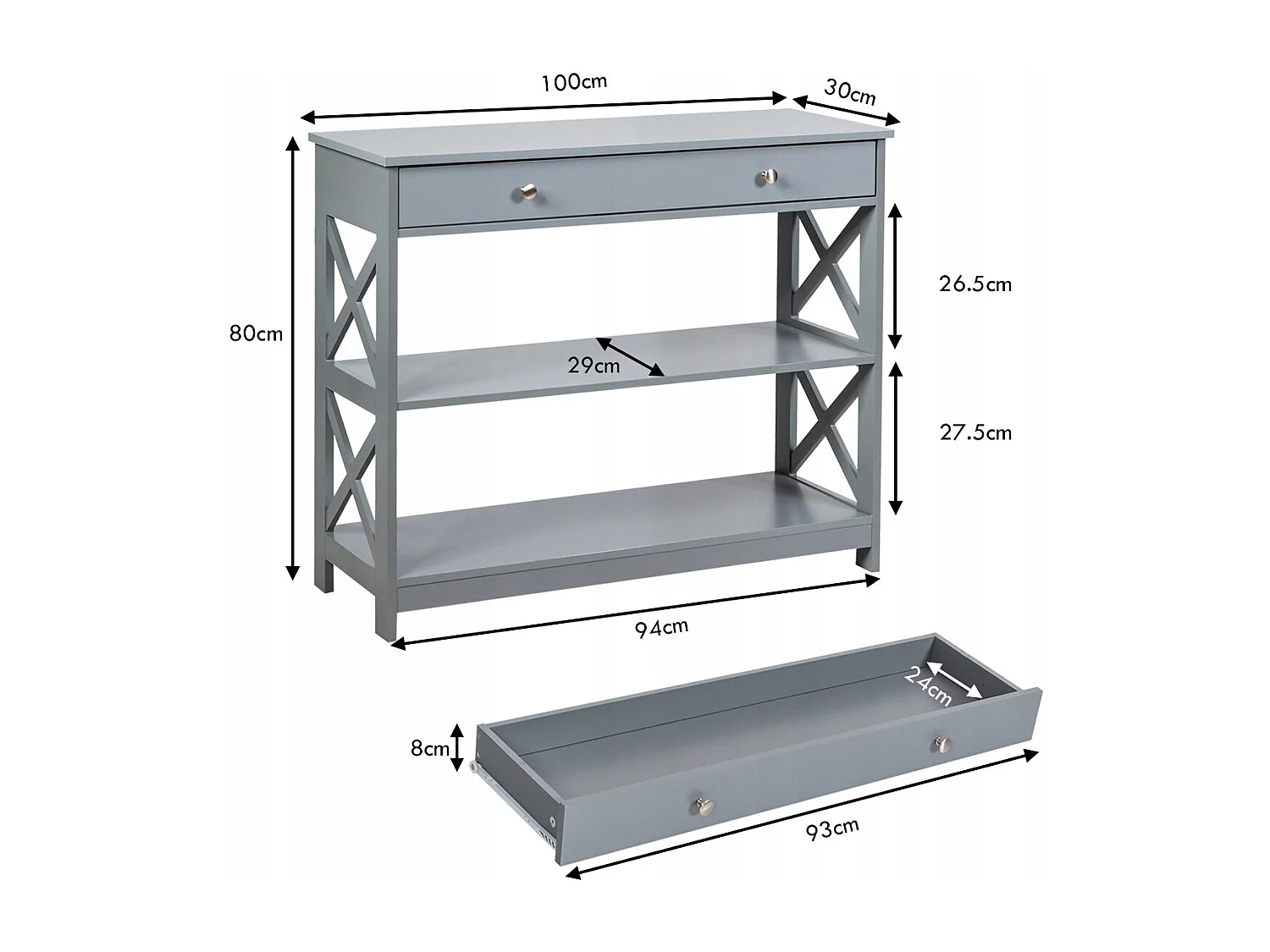 Konsolentisch 3 Ebene Konsolentisch mit Schublade Flurtisch aus Holz 100 x 30 x 80 cm Grau