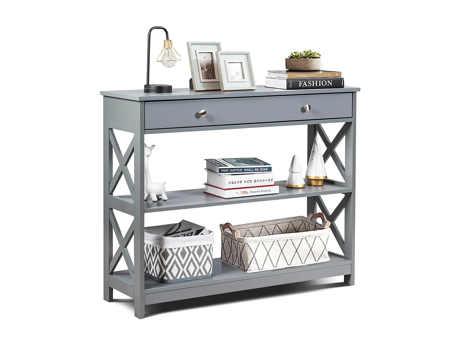 Konsolentisch 3 Ebene Konsolentisch mit Schublade Flurtisch aus Holz 100 x 30 x 80 cm Grau