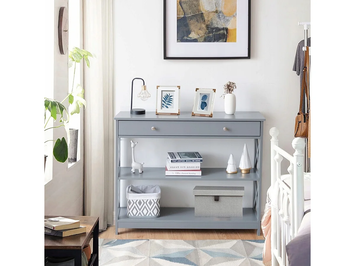 Konsolentisch 3 Ebene Konsolentisch mit Schublade Flurtisch aus Holz 100 x 30 x 80 cm Grau
