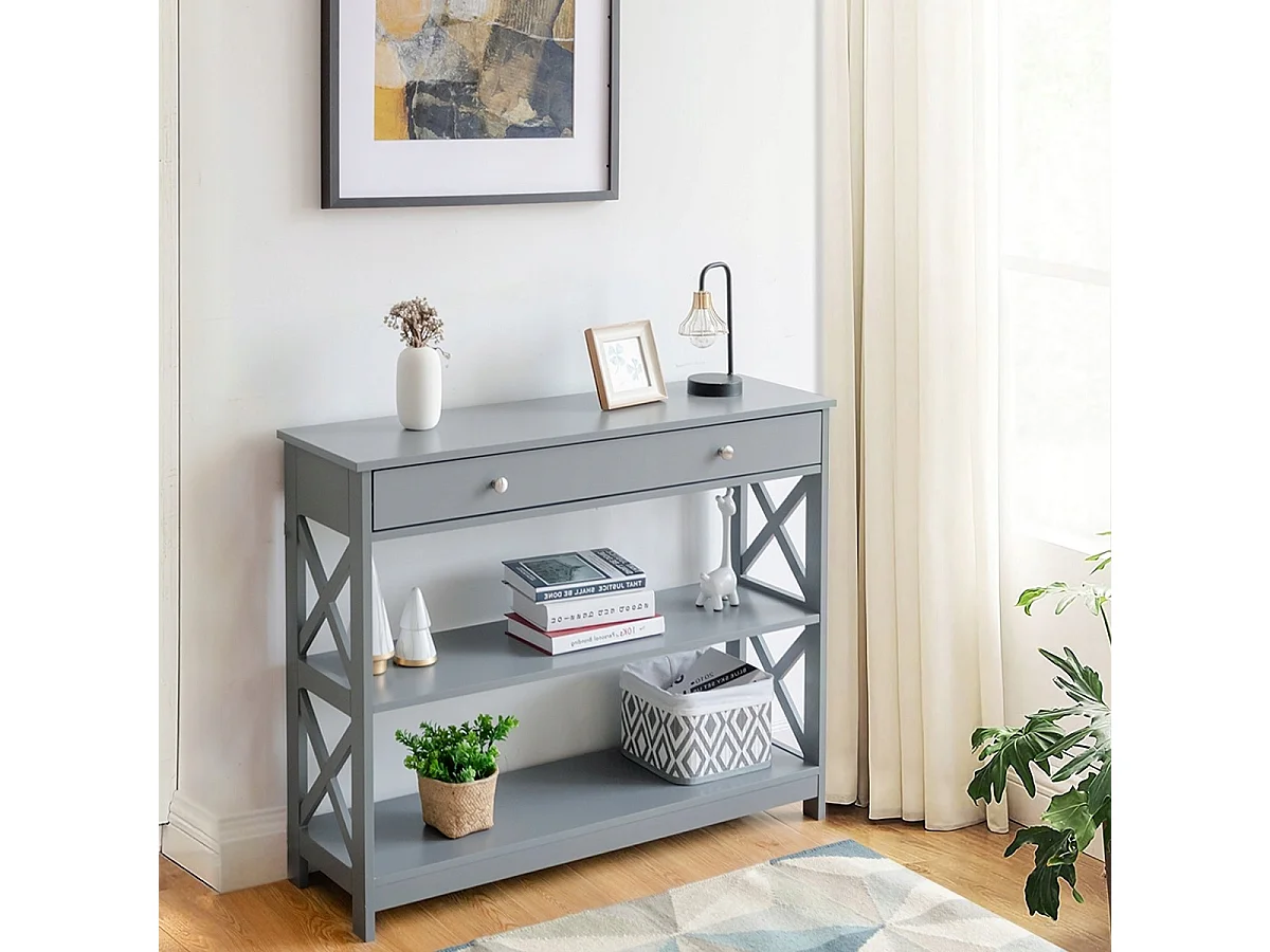 Konsolentisch 3 Ebene Konsolentisch mit Schublade Flurtisch aus Holz 100 x 30 x 80 cm Grau