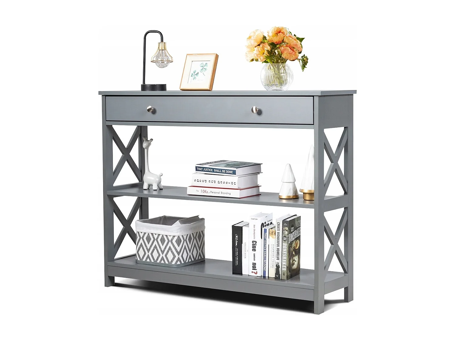 Konsolentisch 3 Ebene Konsolentisch mit Schublade Flurtisch aus Holz 100 x 30 x 80 cm Grau