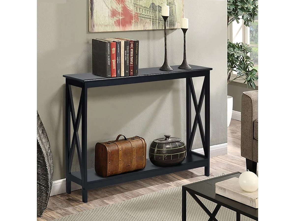 Tavolo da parete industriale a 2 livelli, Tavolino di servizio rustico con mensola, Nero