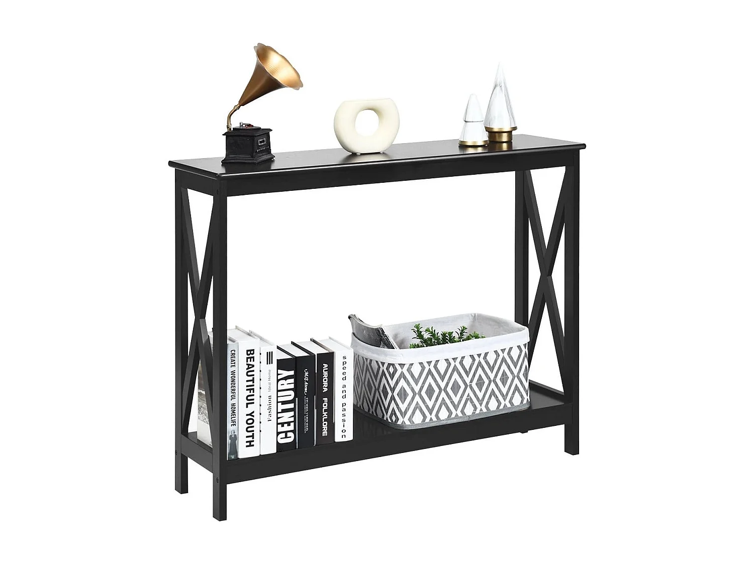 Tavolo da parete industriale a 2 livelli, Tavolino di servizio rustico con mensola, Nero