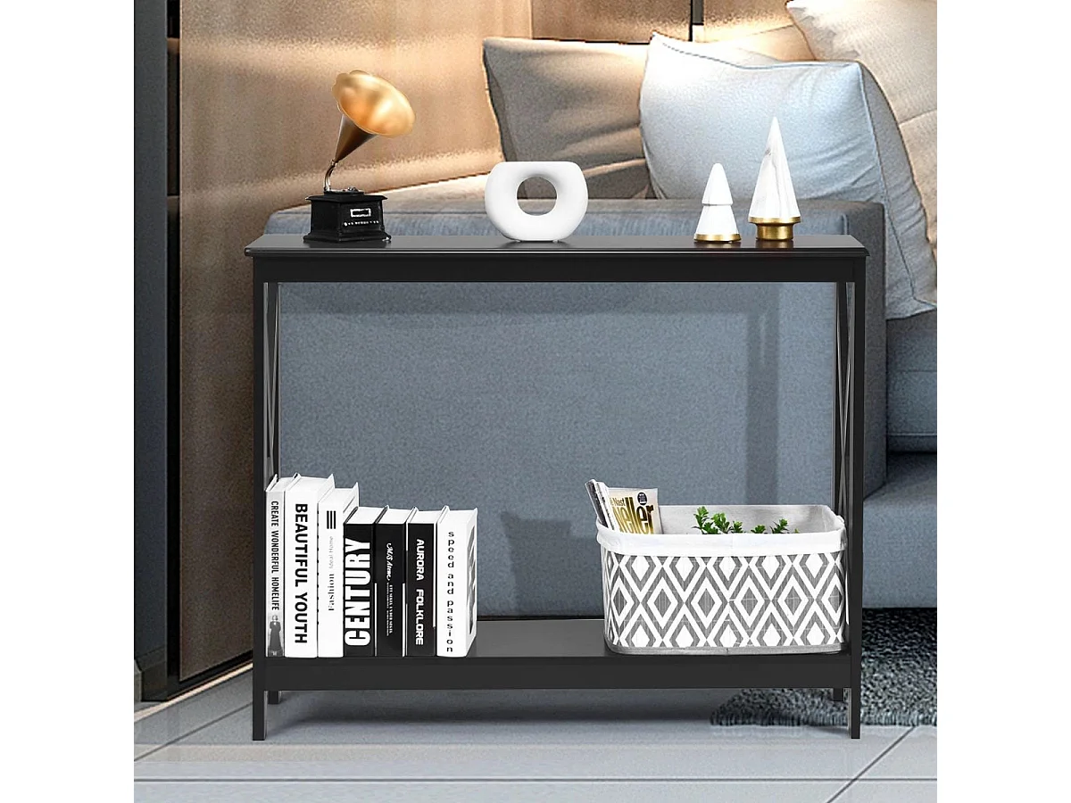 Tavolo da parete industriale a 2 livelli, Tavolino di servizio rustico con mensola, Nero