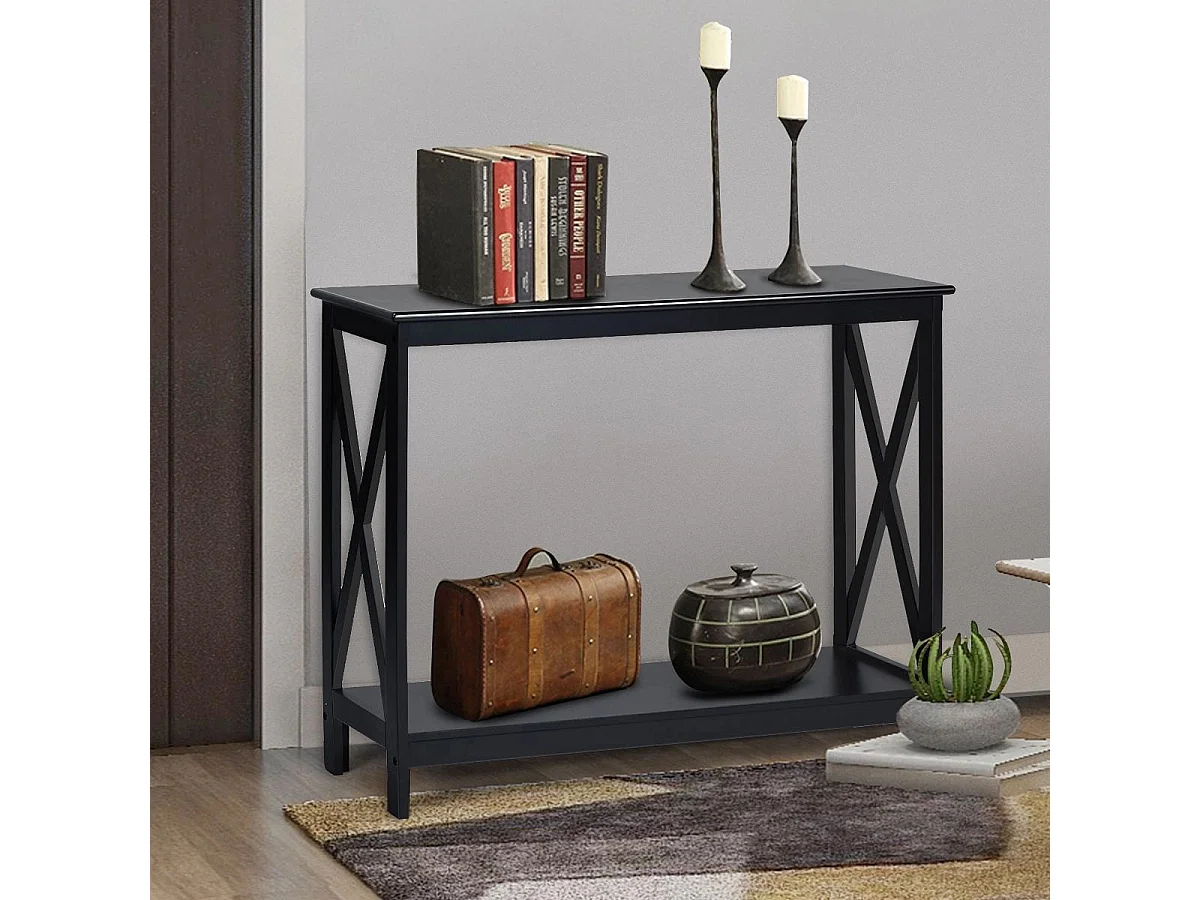 Tavolo da parete industriale a 2 livelli, Tavolino di servizio rustico con mensola, Nero