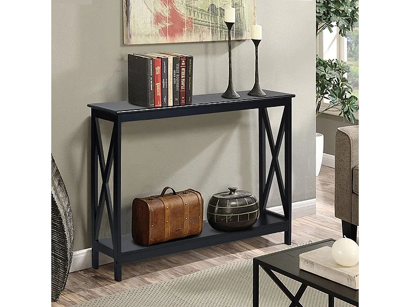 Tavolo da parete industriale a 2 livelli, Tavolino di servizio rustico con mensola, Nero